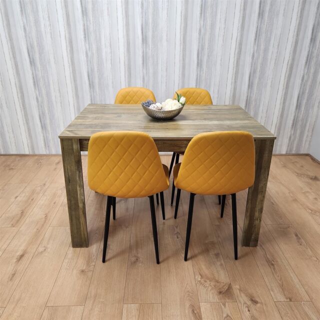 KOSY KOALA Rustic Effect Wooden Dining Table Set with 4 Mustard Gem Pattern Chairs Dining Room Furniture in Brown - image 1