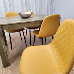 KOSY KOALA Rustic Effect Wooden Dining Table Set with 4 Mustard Gem Pattern Chairs Dining Room Furniture in Brown - thumbnail 7