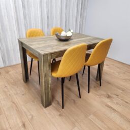 KOSY KOALA Rustic Effect Wooden Dining Table Set with 4 Mustard Gem Pattern Chairs Dining Room Furniture in Brown - thumbnail 4