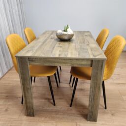 KOSY KOALA Rustic Effect Wooden Dining Table Set with 4 Mustard Gem Pattern Chairs Dining Room Furniture in Brown - thumbnail 9