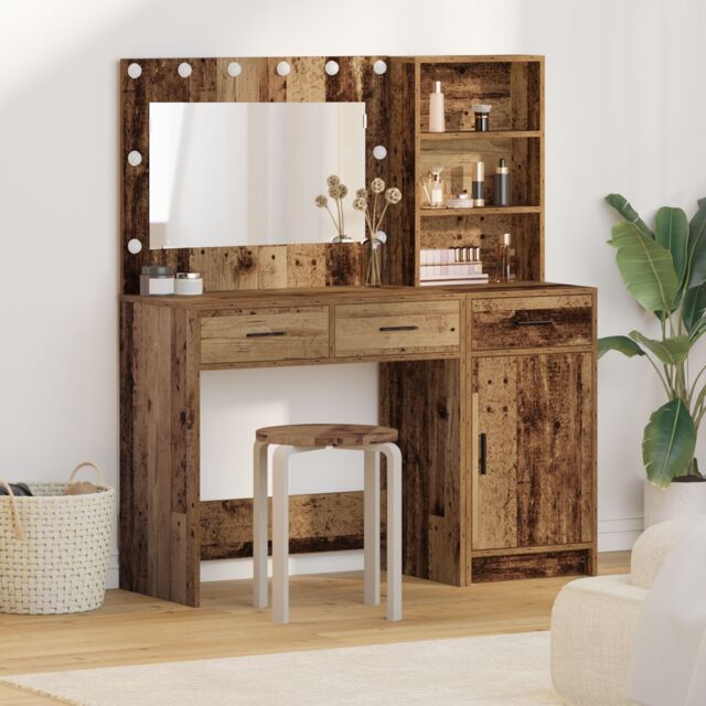 Berkfield Home 2 Piece Dressing Table Set with LED in Old Wood Finish in Brown - image 1