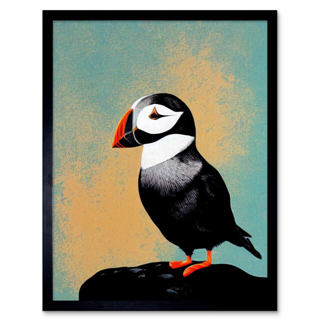 "Artery8 Wall Art Print Cute Puffin Bird on Rock Modern Art Framed in Black - Size: W12"" x H16""" - image 1