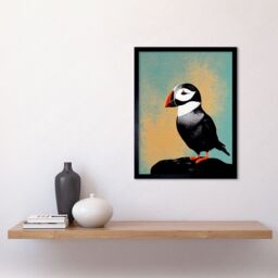 "Artery8 Wall Art Print Cute Puffin Bird on Rock Modern Art Framed in Black - Size: W12"" x H16""" - thumbnail 2