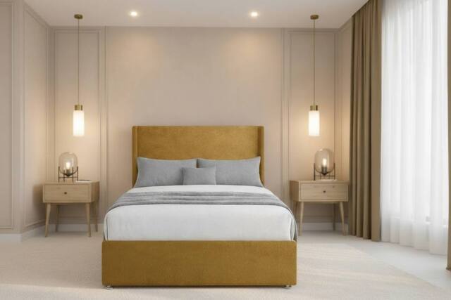 "Chester & Oakley Velora Plush Divan Bed Base 2 Drawers Foot-End 54"" Winged Headboard in Mustard - Size: Super King" - image 1