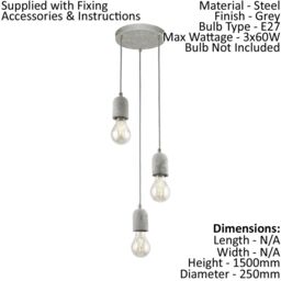 Loops Pendant 3 Bulb Ceiling Light Steel Rose Grey Concrete Shade Bulb E27 3x60W in Metallics - thumbnail 2