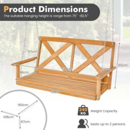 Costway 2-Person Porch Swing Chair Wooden Garden Swing Bench w/ Adjustable Chains in Brown - thumbnail 2
