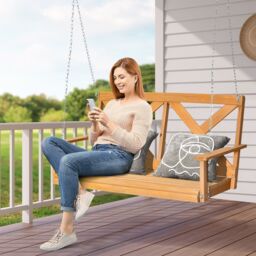 Costway 2-Person Porch Swing Chair Wooden Garden Swing Bench w/ Adjustable Chains in Brown - thumbnail 3