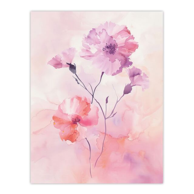 "Artery8 Carnation Flowers Watercolour Pink Pastel Modern Wall Art Print - Size: W24"" x H32""" - image 1