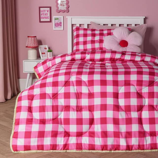 OHS Cherry Bow Gingham Kids 7.5 Tog Coverless Duvet Bedding Set in Pink - Size: Single - image 1