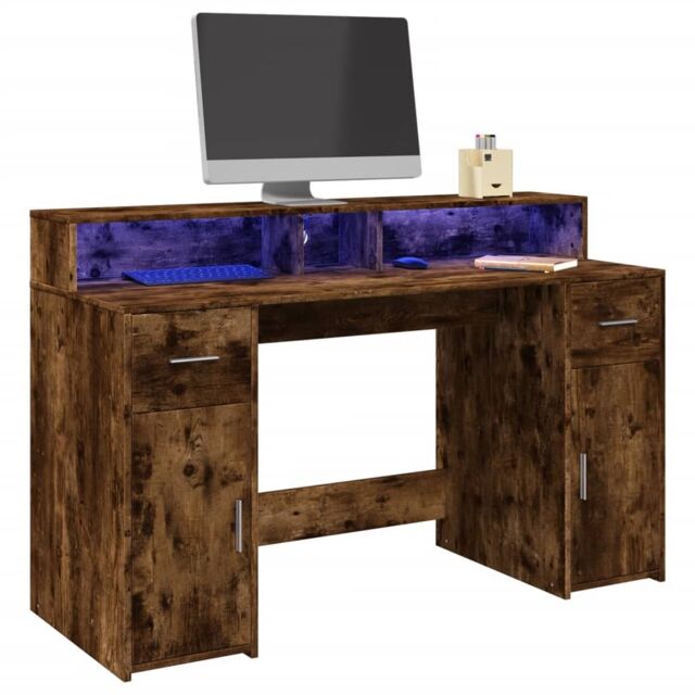 Berkfield Home Desk with LED Lights Smoked Oak 140x55x91 cm Engineered Wood in Brown - Size: 140 x 55 x 91 cm - image 1
