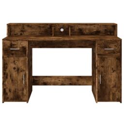 Berkfield Home Desk with LED Lights Smoked Oak 140x55x91 cm Engineered Wood in Brown - Size: 140 x 55 x 91 cm - thumbnail 6