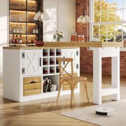 Merax Kitchen Island with Rotating Extendable Dining Table & Wine Rack in White