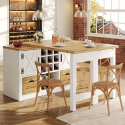 Merax Kitchen Island with Rotating Extendable Dining Table & Wine Rack in White - thumbnail 2