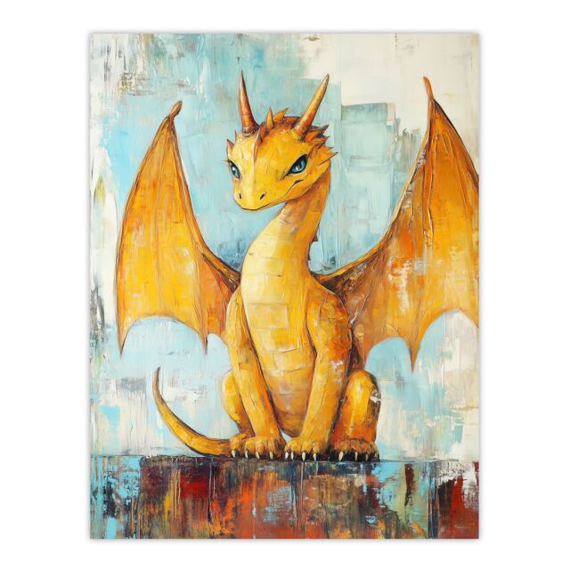 "Artery8 Cute Yellow Dragon with Big Wings Oil Painting Wall Art Print - Size: W12"" x H16""" - image 1