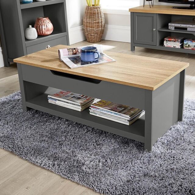 Home Source Coffee Table Lift Up Oak Top Home Reception Storage Shelf Avon in Dark Grey - image 1