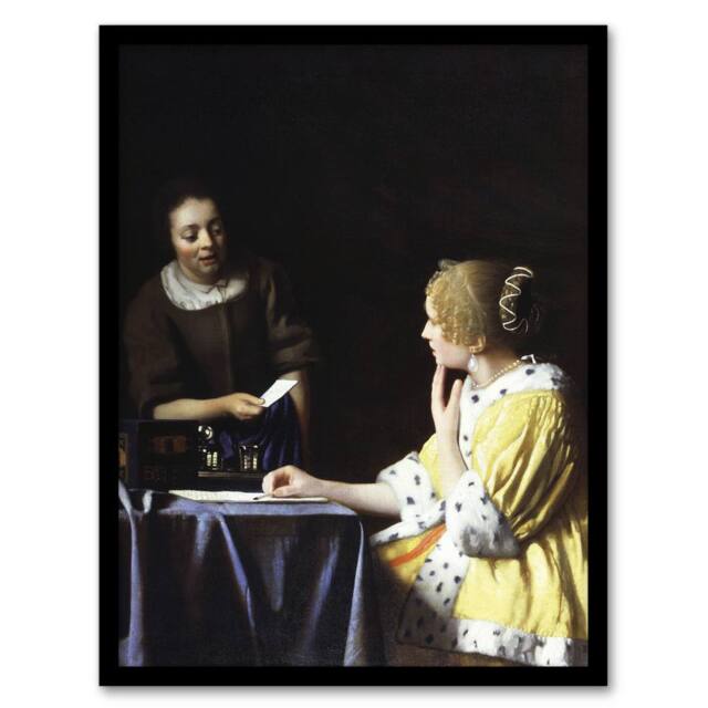 Artery8 Mistress & Maid Portrait Vermeer Vintage Framed Wall Art Print in Black - Size: A4 - image 1