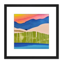 Artery8 Abstract Sunset Landscape Watercolour Land Sea Sky Square Wooden Framed Wall Art Print Picture 8X8 Inch in Black - thumbnail 1