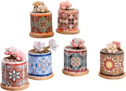 simpa 6PC Retro Pattern Ceramic Plant Pots with Bamboo Base - thumbnail 2