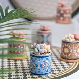 simpa 6PC Retro Pattern Ceramic Plant Pots with Bamboo Base - thumbnail 4