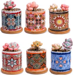 simpa 6PC Retro Pattern Ceramic Plant Pots with Bamboo Base - thumbnail 1