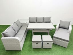 Fimous 10 Seater Poly Rattan Outdoor Garden Furniture Rectangular Dining Table Sofa Set Patio 3 Seater Sofa Reclining Chair 3 Seater Sofa 3 Stools - thumbnail 1