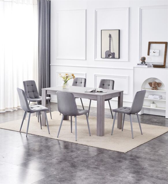 KOSY KOALA Dining Table & 6 Chairs Grey 6 Grey Velvet Chairs Wood Dining Set Furniture in Brown - image 1