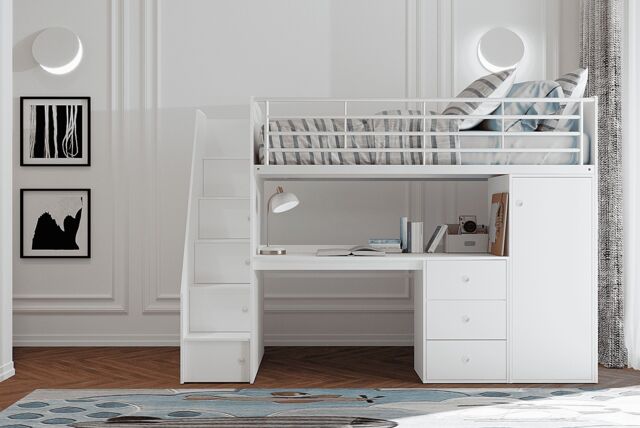 Flintshire Furniture Ltd Dacota High Sleeper Bed Frame with Desk & Storage in White - Size: Single - image 1