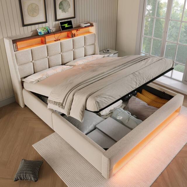 BTM Upholstered Bed with LED & USB Charging Headboard in Beige - Size: Super King - image 1