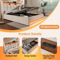 BTM Upholstered Bed with LED & USB Charging Headboard in Beige - Size: Super King - thumbnail 3