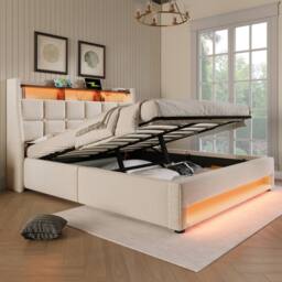 BTM Upholstered Bed with LED & USB Charging Headboard in Beige - Size: Super King - thumbnail 9