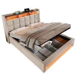 BTM Upholstered Bed with LED & USB Charging Headboard in Beige - Size: Super King - thumbnail 7