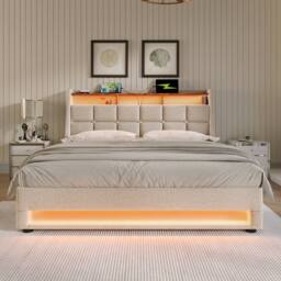 BTM Upholstered Bed with LED & USB Charging Headboard in Beige - Size: Super King - thumbnail 8