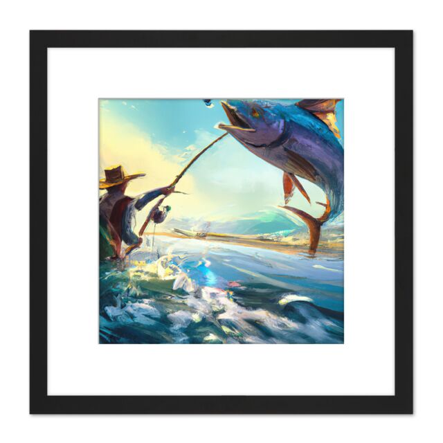 Artery8 Fisherman Fishing Angler Large Fish Catch Sunrise Coastal Abstract Painting Square Wooden Framed Wall Art Print Picture 8X8 Inch in Black - image 1