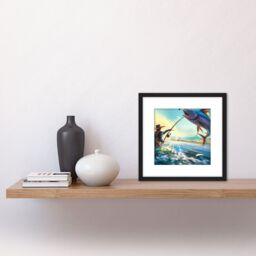 Artery8 Fisherman Fishing Angler Large Fish Catch Sunrise Coastal Abstract Painting Square Wooden Framed Wall Art Print Picture 8X8 Inch in Black - thumbnail 2