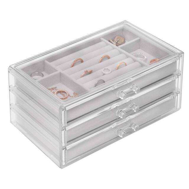 Sasha Morel 3-Layer Clear Jewellery Box - Velvet Lined Jewellery Organiser - Grey - image 1