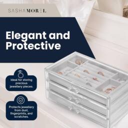 Sasha Morel 3-Layer Clear Jewellery Box - Velvet Lined Jewellery Organiser - Grey - thumbnail 2