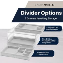 Sasha Morel 3-Layer Clear Jewellery Box - Velvet Lined Jewellery Organiser - Grey - thumbnail 4
