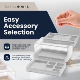 Sasha Morel 3-Layer Clear Jewellery Box - Velvet Lined Jewellery Organiser - Grey - thumbnail 3