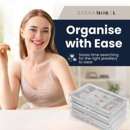 Sasha Morel 3-Layer Clear Jewellery Box - Velvet Lined Jewellery Organiser - Grey - thumbnail 7
