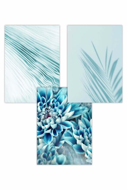 ARTZE Set of 3 Abstract Aqua Blue Macro Floral Art Posters - Size: W50 cm x H70 cm - image 1
