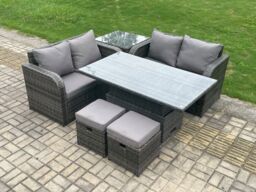 Fimous Outdoor Rattan Furniture Garden Dining Set Height Adjustable Rising lifting Table Love Sofa Set With 2 Small Footstool in Dark Grey - thumbnail 2