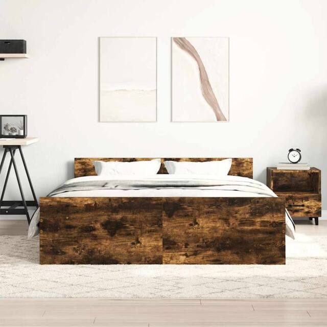 Berkfield Home Durable Bed Frame with Headboard & Footboard Smoked Oak 140x200 cm in Brown - image 1
