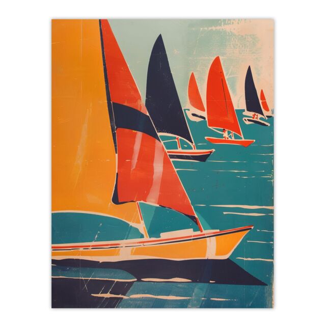 "Artery8 Retro Sailboats at Sea Artwork Nautical Fun Wall Art Print in Orange - Size: W12"" x H16""" - image 1
