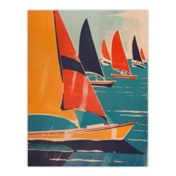 "Artery8 Retro Sailboats at Sea Artwork Nautical Fun Wall Art Print in Orange - Size: W12"" x H16""" - thumbnail 1