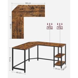 VASAGLE L-Shaped Corner Gaming Desk with 2 Storage Shelves Space Saving in Brown - thumbnail 2