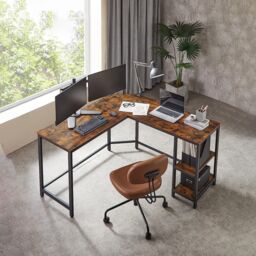 VASAGLE L-Shaped Corner Gaming Desk with 2 Storage Shelves Space Saving in Brown