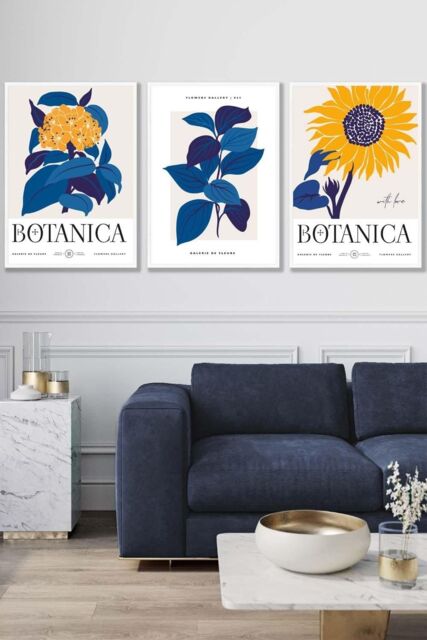 ARTZE Set of 3 White Framed Bright Blue Flower Market & Yellow Sunflower Wall Art - Size: W33 cm x H45 cm x D20mm - image 1