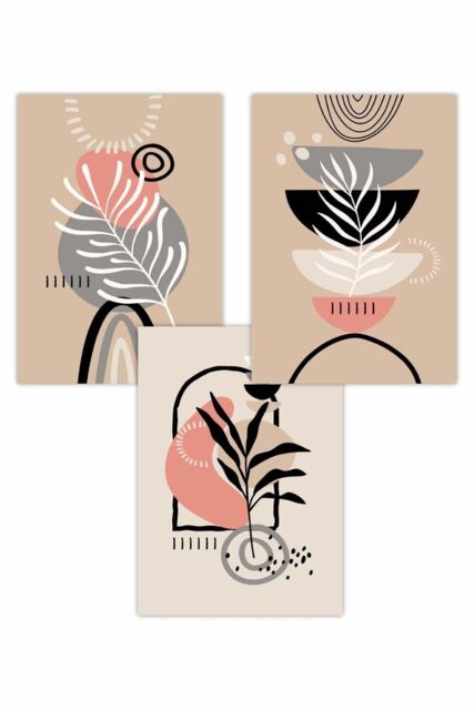 ARTZE Set of 3 Boho Abstract Floral in Pink Black Beige & Grey Art Posters - Size: W50 cm x H70 cm - image 1