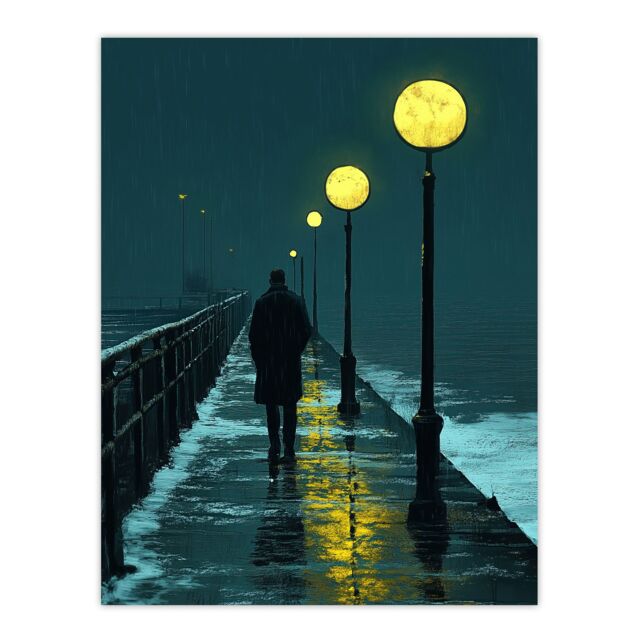 "Artery8 Night Walk in Rain Under Promenade Street Lamps Wall Art Print in Blue - Size: W12"" x H16""" - image 1