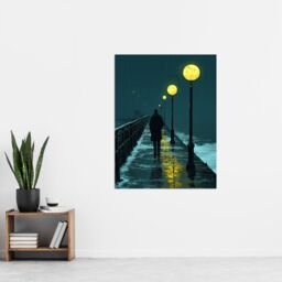 "Artery8 Night Walk in Rain Under Promenade Street Lamps Wall Art Print in Blue - Size: W12"" x H16""" - thumbnail 4